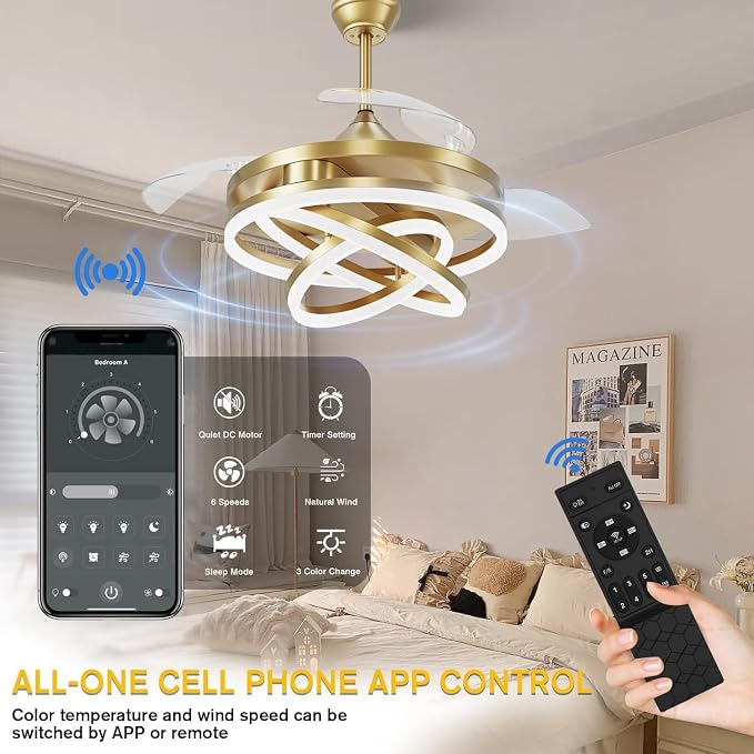 TXCSLY Retractable Ceiling Fan, 42 Inch Chandelier Ceiling Fans with Light, Modern Fandelier Ceiling Fan for Bedroom Living Room Dinning Room, Reverse Motor, 3 Color, 6 Wind Speed, Gold