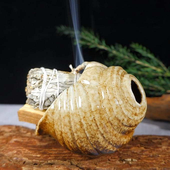 MOUGIGI Mini Conch Chiminea Palo Santo Burner - Ceramic Smudging Bowl/Incense Chimney Works with Palo Santo Sticks/Sage/Copal,Tabletop Altar, Thoughtful Gifts for Meditation, Yoga, Aromatherapy