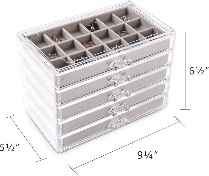 Frebeauty Acrylic Jewelry Organizer Earring Organizer Box with 5 Drawers Earring Holder Organizer with Velvet Trays Clear Jewelry Box for Women Earring Display for Rings Studs(Grey) | 61 Jewelry Storage Grid for Rings Studs Bracelet,Velvet Lining,Trans...