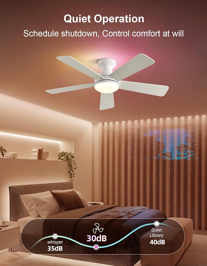 42 inch RGB Ceiling Fan with Light, Voice & App & Remote Control Low Profile Flush Mount Ceiling Fan,6 Speeds Silent Motor, 4-Color Temperature Dimmable for Home Office Party, White