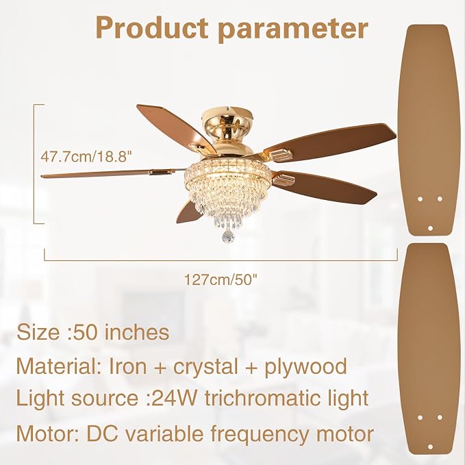Crystal Ceiling Fan Fandelier with Lights-Ceiling Fans,50" Low Profile and Remote Control, Flush Mount, Reversible, Dimmable, Noiseless, Gold Ceiling Fan for Bedroom