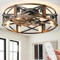 Passky 24" Farmhouse Flush Mount Ceiling Fans with Lights and Remote, Industrial Black Caged Low Profile Fandelier, 6 Speeds Bladeless Ceiling Fan for Bedroom, Kitchen, Living Room