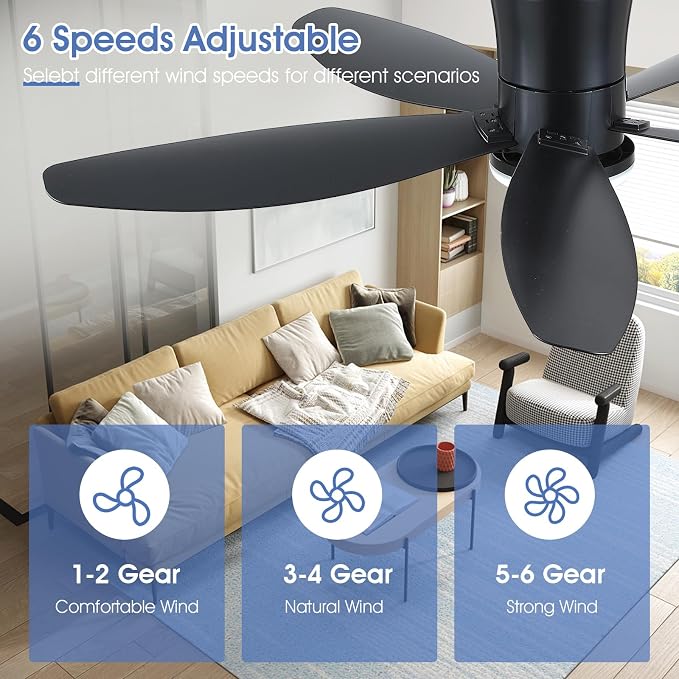 Surtime Flush Mount RGB Ceiling Fans with Lights-48 Low Profile Ceiling Fan with Light and Remote/APP Control,DC Reversible,LED Dimmable Blakc Ceiling Fans for Bedroom,Indoor/Outdoor Patio Use
