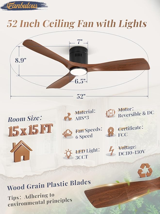 Fanbulous 52" Ceiling Fans with Lights and Remote Control,Modern Flush Mount Ceiling Fan with 3 CCT,Low Profile Ceiling Fans with 6-Speeds Reversible DC Motor for Patio Living Room Bedroom(Walnut)
