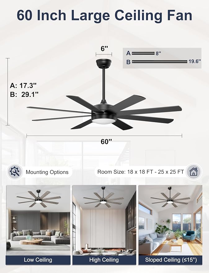 60'' Ceiling Fans with Lights - Modern Black Ceiling Fan Remote/APP Control, Dimmable, Quiet DC Motor Ceiling Fan for Indoor/Covered Outdoor