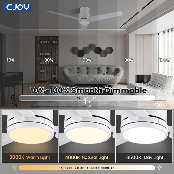 CJOY 48In Ceiling Fan with Light Flush Mount - White Low Profile Ceiling Fan Light with Remote, 3 Reversible Dual-Sided Blades, 3CCT, Dimmable, Modern Fan Light for Indoor Bedroom, Covered Outdoor