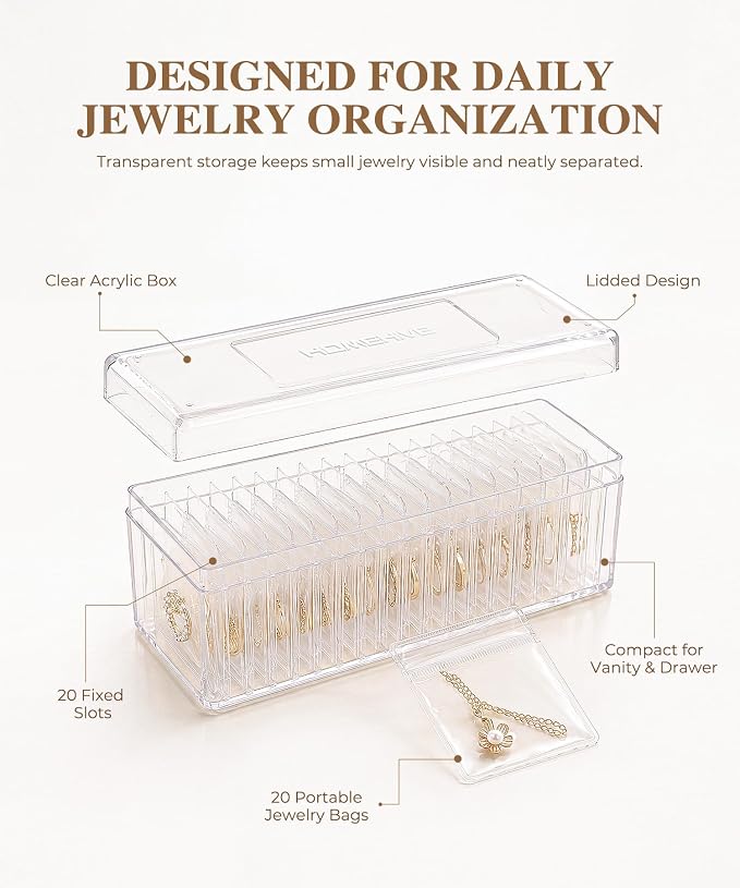 HOMEHIVE Acrylic Jewelry Box Organizer, Clear Jewelry Organizer and Storage with 20 Portable Anti Tarnish Jewelry bags, Travel Jewelry Case for Earrings/Rings/Necklaces Gifts for Women Girls, Clear