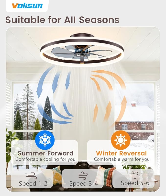 VOLISUN Low Profile Ceiling Fans with Lights and Remote, 24in Flush Mount Ceiling Fans with Light, 3000K-6500K Dimmable Fandelier LED Fan Light, Brown Bladeless Ceiling Fans with Lights for Bedroom