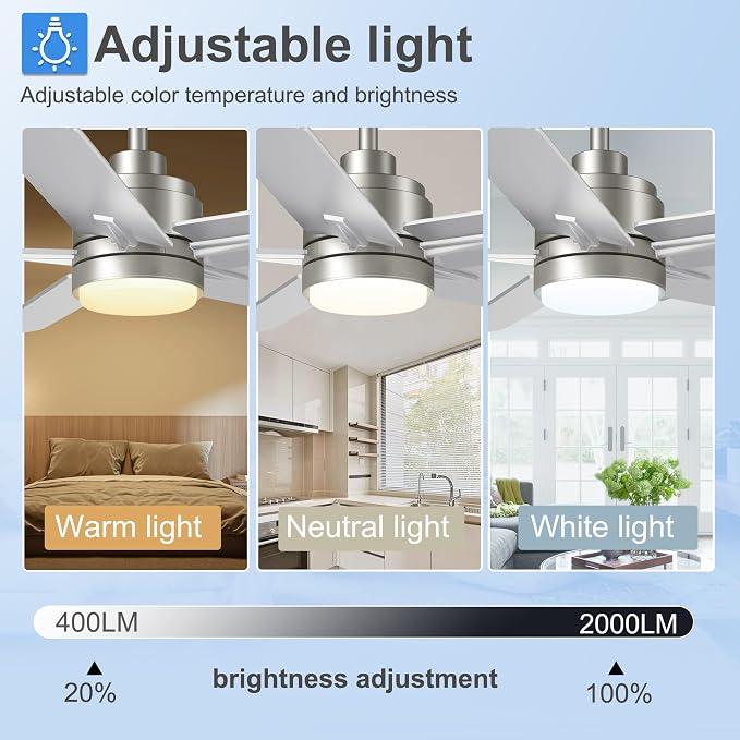 42 Inch Brushed Nickel Ceiling Fan with Light and Remote Control,Dimmable 3 Color Temperatures LED Ceiling Fan,6 Speeds Reversible DC Motor,5 Blades Modern Ceiling Fans for Indoor or Covered Outdoor