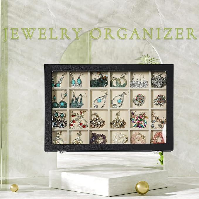 Stratalife 24 Grid Earring Organizer, Jewelry Holder Organizer with Lid | PU Leather Storage Box for Earring, Ring, Studs and Trinkets, Soft Velvet Drawer Organizer for Women, Dustproof, Beige Black