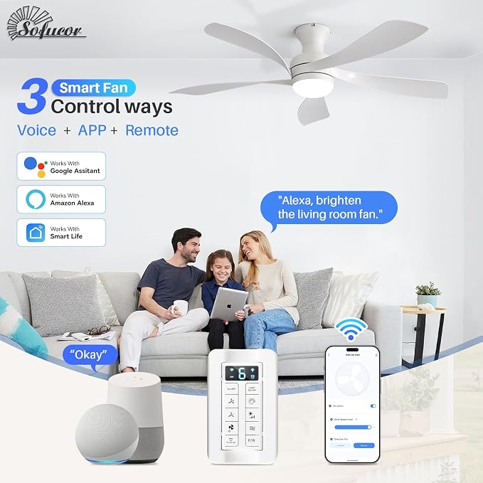 Sofucor Smart 52'' Low Profile Ceiling Fan with Lights and Remote, Flush Mount Ceiling Fan Work with APP/Alexa/Google for Modern Bedroom Living Room Patio, Dimmable LED Quiet Reversible DC Motor