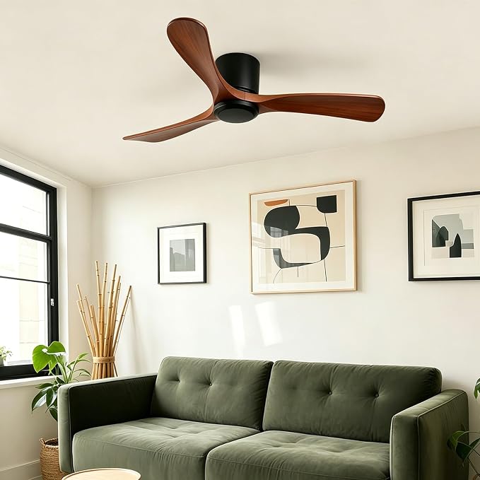 GESUM 42 Inch Wood Ceiling Fan without Light | Flush Mount, Remote Control, 3 Blade 6-Speed Reversible DC Motor, Noiseless Timer, For Bedroom Living Room Patio Porch