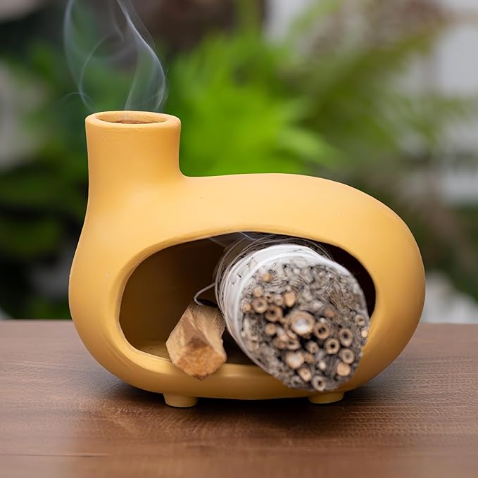 MOUGIGI Yellow Palo Santo Holder with Chimney–Mini Fireplace Incense Burner for Sage Burning, Wood Sticks, Cones&Tealights-Handcrafted Ceramic Smudge Bowl,Aromatic Incense Burner-Yoga Meditation Gift