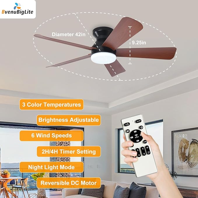 Ceiling Fans with Lights and Remote: 42 Inch Ceiling Fan with Light Low Profile - Flush Mount Ceiling Fan 5 Blades Reversible 3CCT Dimmable Noiseless for Bedroom (Black& Walnut)