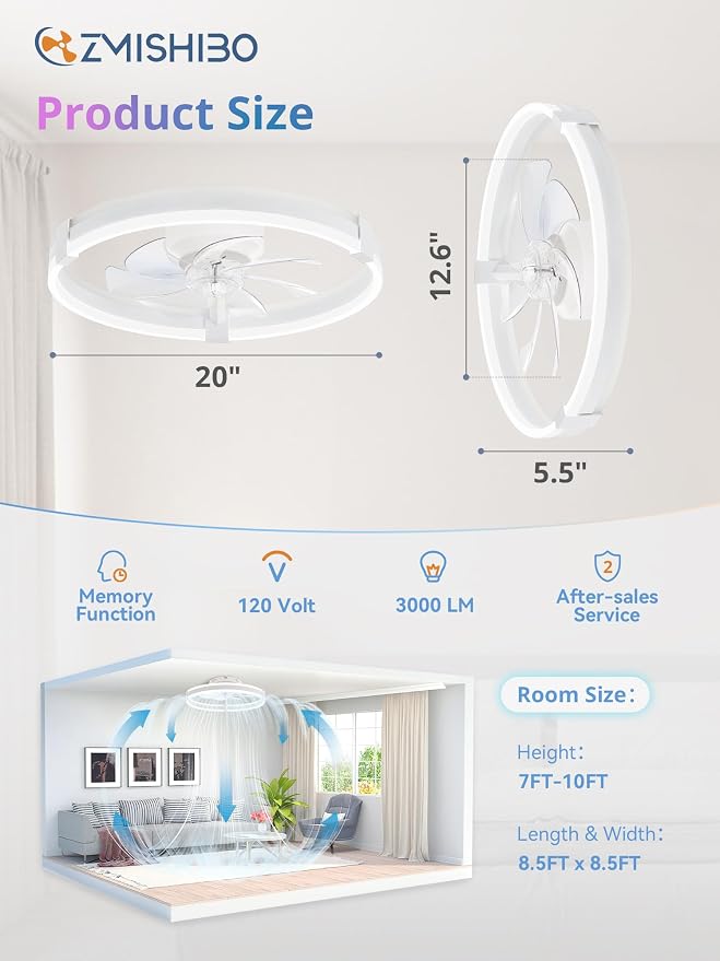 ZMISHIBO RGB Ceiling Fans with Lights and Remote, 20 inch Low Profile Ceiling Fan with Light, 3000K-6000K Dimmable & RGB, Modern Fandelier Flush Mount Ceiling Fan, Small LED Fan for Bedroom