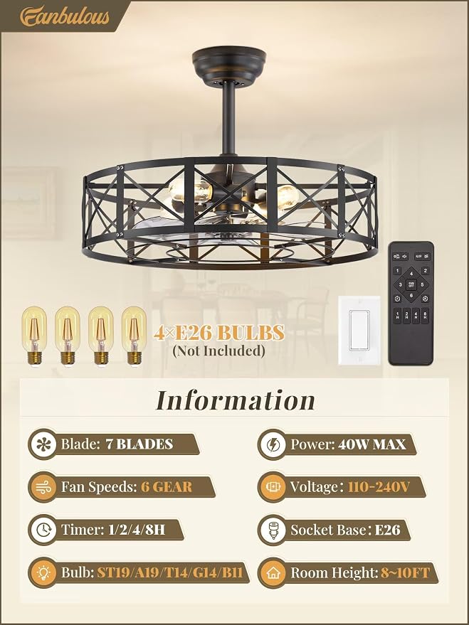 Fanbulous 23 Inch Fandelier Caged Ceiling Fans with Lights and Remote, Black Bladeless Ceiling Fan with 6 Speeds and Timing, Farmhouse Samll Fan Lights Ceiling Fixtures for Kitchen, Bedroom-Black
