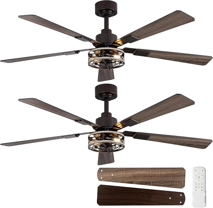 52 Inch Ceiling Fans with Lights, Remote Control Farmhouse Caged Flush Mount Ceiling Fans 2 Pack, 6-Speed Quiet and Reversible DC Motor Ceiling Light Fixtures for Bedroom, Living Room, Walnut