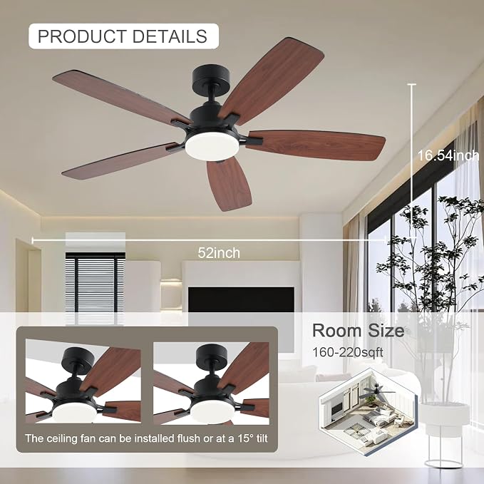 NKPU 52inch Ceiling Fans with Lights, Low Profile Ceiling Fan with Light and Remote/App Control, 2 Downrods, DC Reversible Motor, Noiseless, Dimmable Brown Ceiling Fan for Bedroom Livingroom