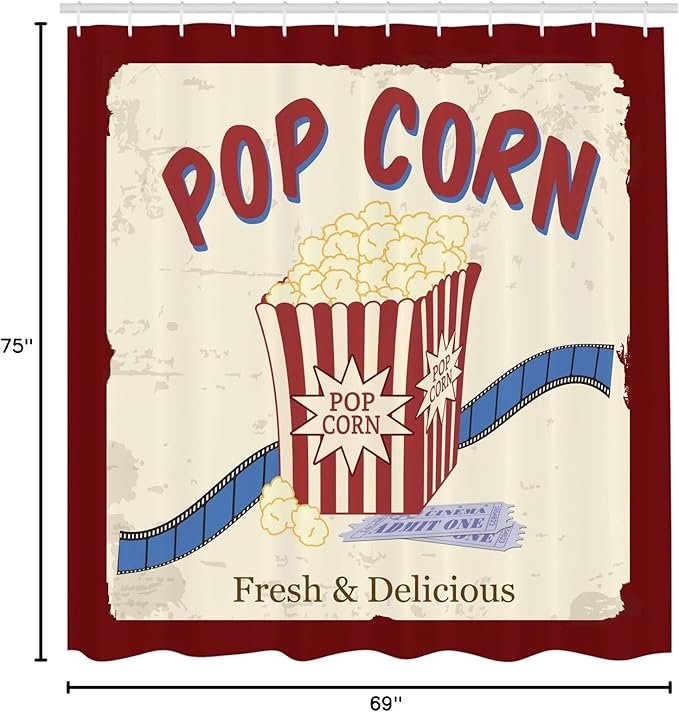 Ambesonne Movie Theater Shower Curtain, Fresh and Delicious Pop Corn Film Tickets and Strip Advertising in 60s Theme, Cloth Fabric Bathroom Decor Set with Hooks, 69" W x 75" L, Ruby Cream Blue