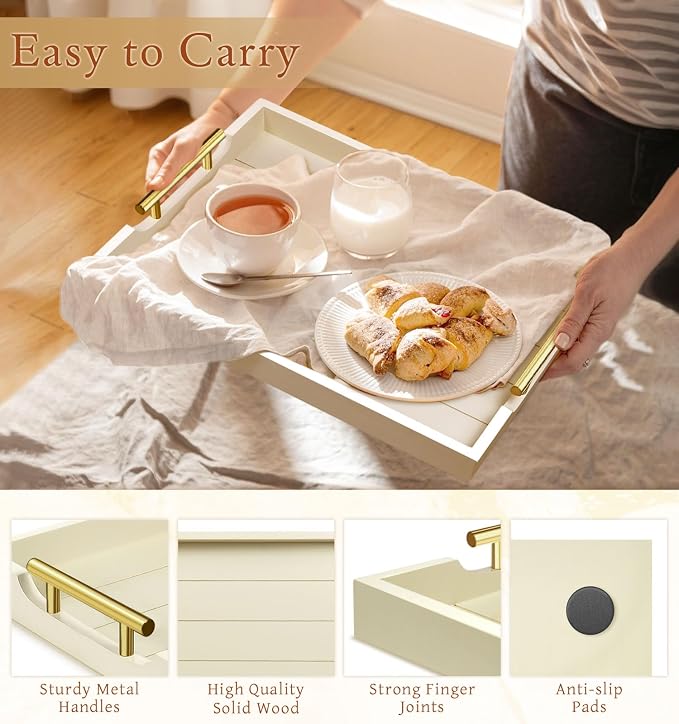 SXNOWS Wooden Serving Tray with 2 Sets of Handles,Cream | Rectangle 16.5x13 Inch Ottoman Decorative Tray for Coffee Table Kitchen Bar Living Room Breakfast in Bed, 4 Coasters Included