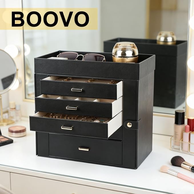 BOOVO Large Jewelry Boxes For Women (Black, 6 Layer) | 6 Layers Jewelry Organizer Box With Cosmetic Storage Drawer, Necklace Ring Jewelry Organizer Box