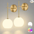 Gold Battery Operated Wall Sconces Set of 2, Rechargeable Wireless Wall Lights with Milky White Frosted Glass Shade, 12 RGB and 3CCT Dimmable, Wall Lamps with Remote for Bedroom Living Room Hallway
