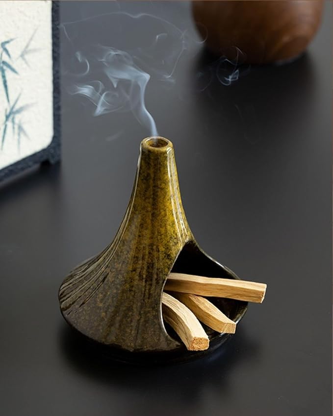 Ceramic Palo Santo Holder & Ash Catcher with Mini Chimney, Incense Holder & Sage Burner, Wabi-Sabi Home Decor for Meditation & Yoga(Antique Ochre)