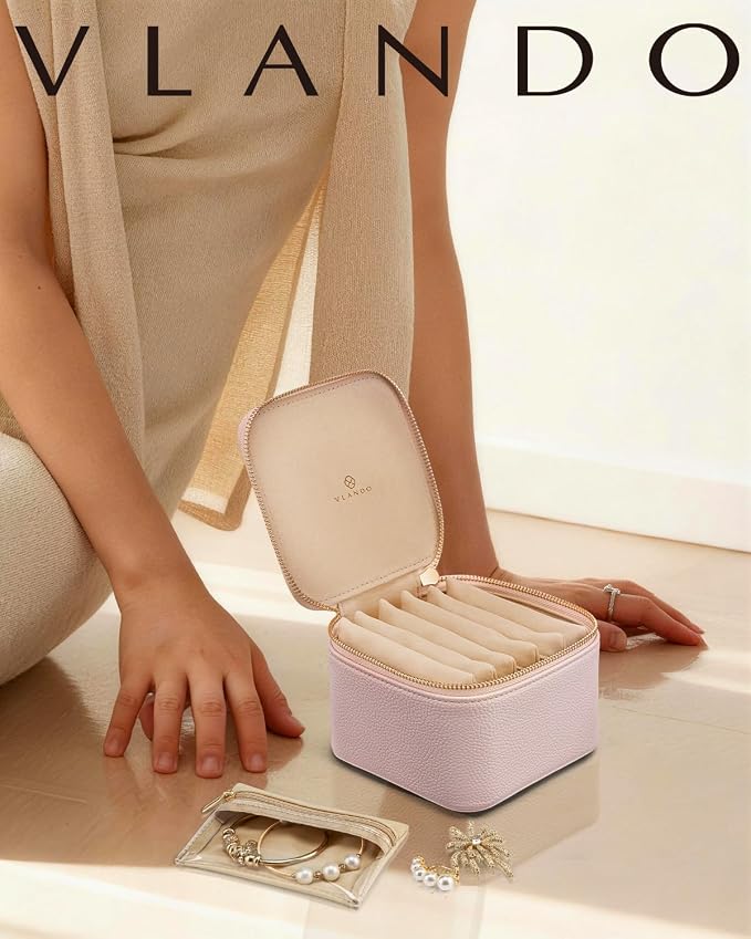 VLANDO Gifts for Teachers,Jewelry Box with 6 Velvet Jewelry Bags Travel Jewelry Storage for Women Girl Jewelry Organizer Necklace Rings Earrings Bags Gifts for Women(Pink)