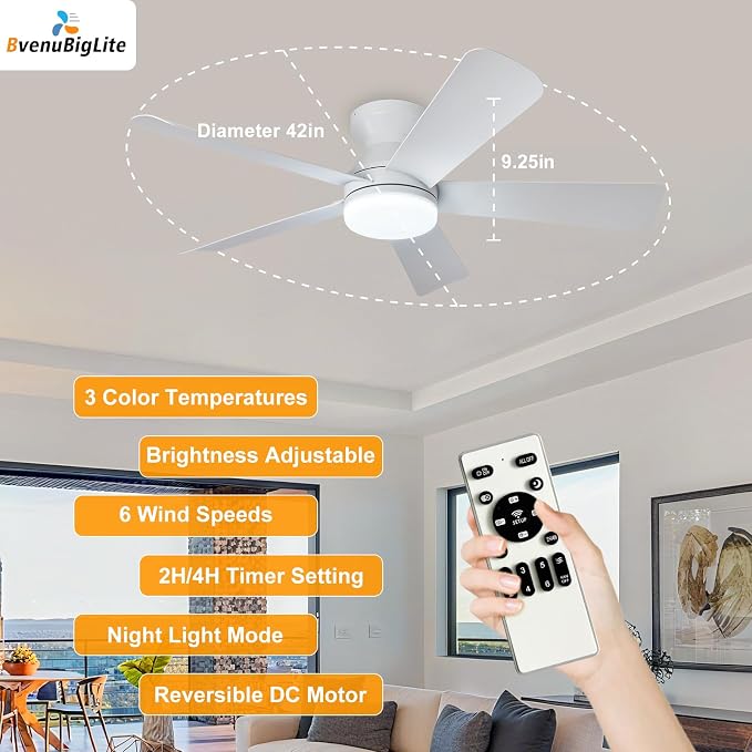 Ceiling Fans with Lights and Remote: 42 Inch Ceiling Fan with Light Low Profile - Flush Mount Ceiling Fan 5 Blades Reversible 3CCT Dimmable Noiseless for Bedroom (White)