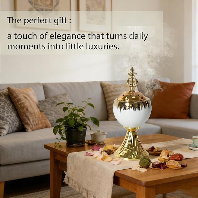 Ceramic Bakhoor Incense Burner - Tranditional Golden Bakhoor Burner - for Yoga, Spa, Aromatherapy, Office & Home Decor