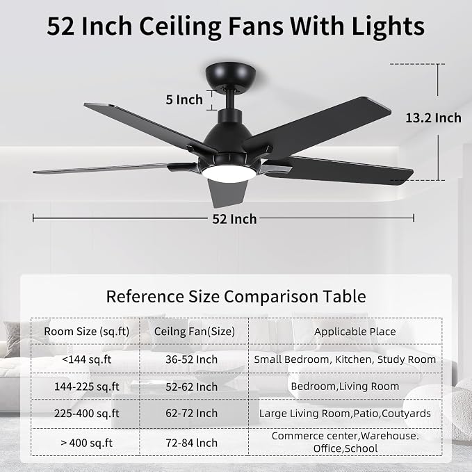 52 Inch Ceiling Fan with Light and Remote Control, Black | 6-Speed Quiet Reversible DC Motor, 3CCT Dimmable 24W LED Light,5 Wood Blades,Used for Bedroom, Living Room, Covered Patio