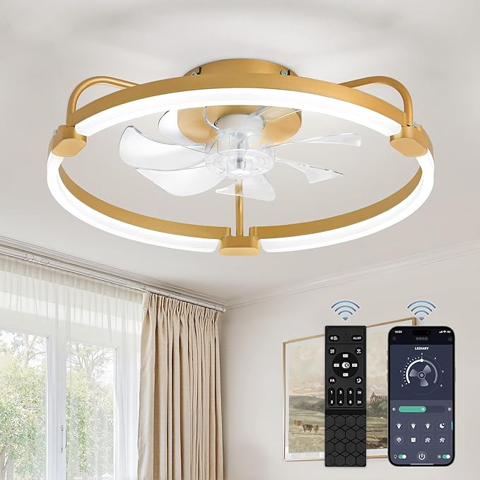 LEDIARY Ceiling Fans with Lights and Remote, 20'' Low Profile Ceiling Fan with Light, 3000-6000K Dimmable Fandelier LED Fan Light, 6 Wind Speeds, Gold Modern Flush Mount Ceiling Fan for Bedroom