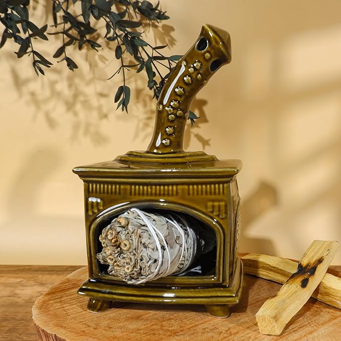 MOUGIGI Handcrafted Dark Green Ceramic Palo Santo Holder & Incense Burner - Compact Meditation Accessory for Burning of Palo Santo Sticks & Cones - Zen-Inspired Home Decor Gift for Energy Cleansing