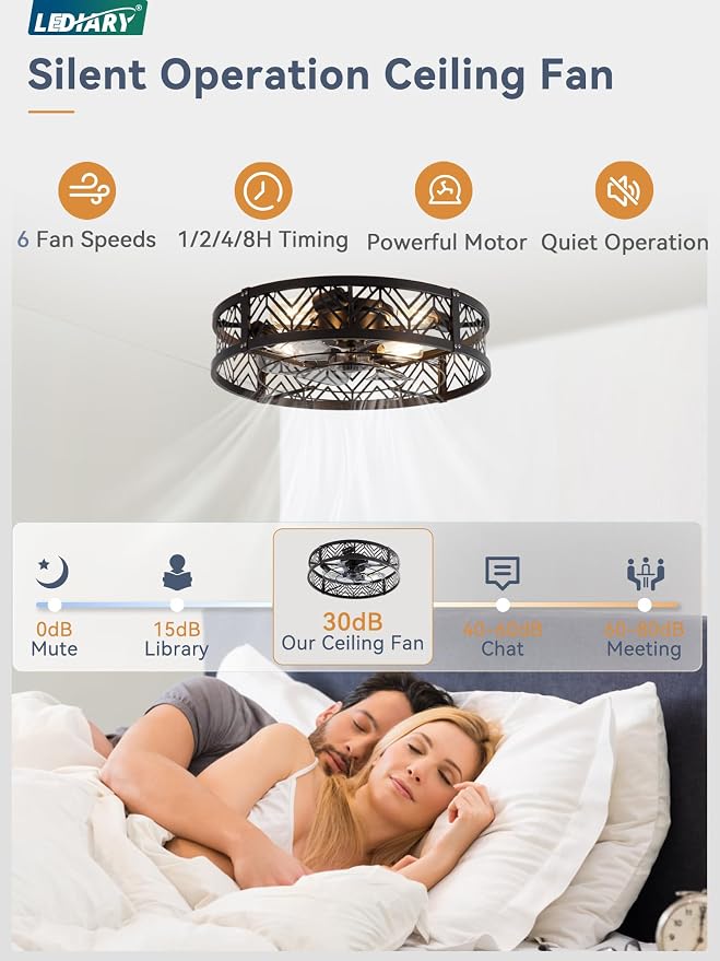 LEDIARY 23" Caged Ceiling Fan with Light, Large Flush Mount, App&Remote Control, Low Profile Bladeless Fan Light Fixture 6 Speed, Reversible and Quiet Motor-Black