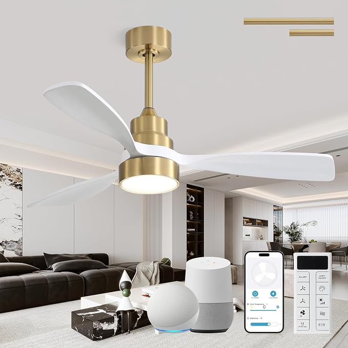 CACI Mall 48 inch Smart Ceiling Fans with Lights, Low Profile, Modern, Gold, 3 Blades, Solid Wood, Remote Control, Work with Alexa/Google, Outdoor Indoor Ceiling Fans for Patio Living Room Bedroom