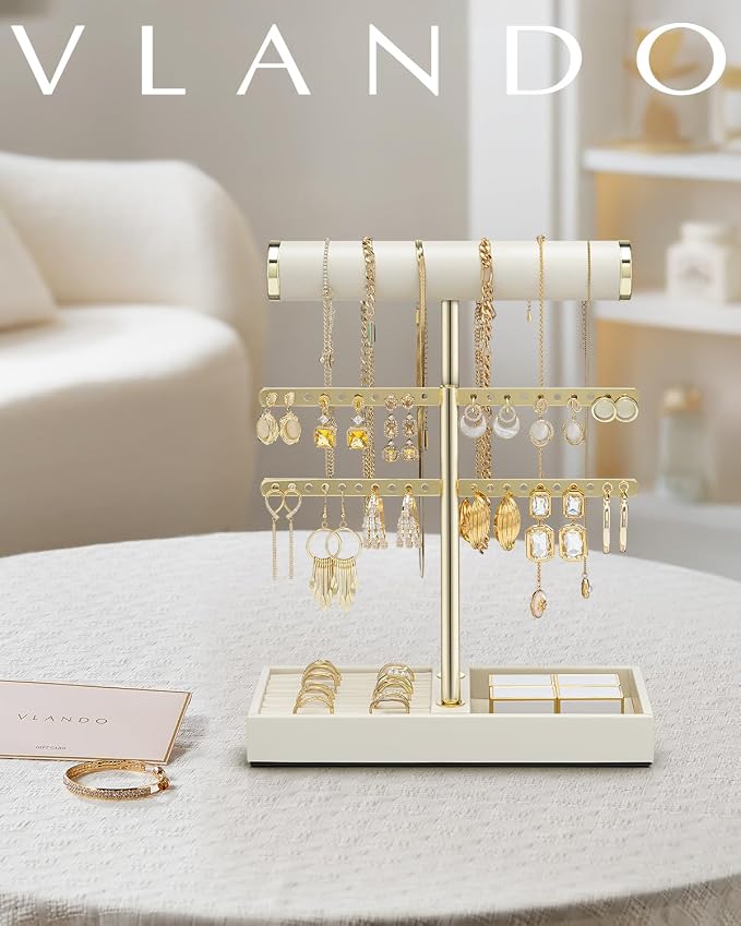VLANDO 2 Tier Bracelet Holder Display, Leather Jewelry Holder Display for Women, Detachable Jewelry Stand for Bracelet, Necklace, Earrings, Rings - Beige