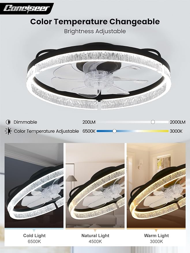 Conciseer 20 Inch Ceiling Fans with Lights and Remote, Flush Mount,3CCT 3000-6500K Dimmable 4W-35W, Low Profile 6 Speed Reversible Quiet DC Motor for Bedroom, Kids Room and Living Room, Black
