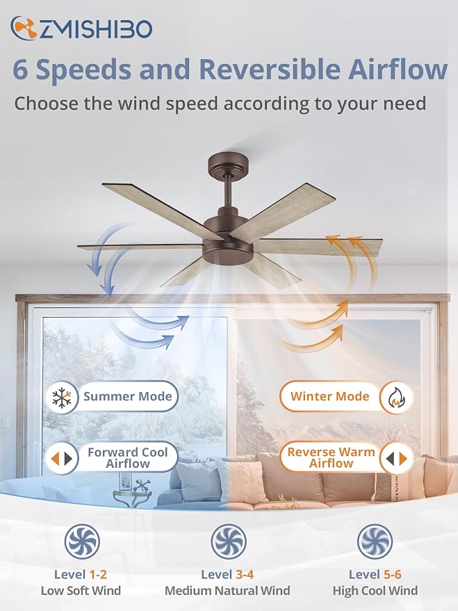 ZMISHIBO 42 Inch Ceiling Fans No Lights, Farmhouse Rustic Ceiling Fan Without Light, 6 Blades, Quiet Reversible DC Motor, 6-Speeds, Brown Ceiling Fans for Bedroom, Living Room, Porch, Indoor/Outdoor