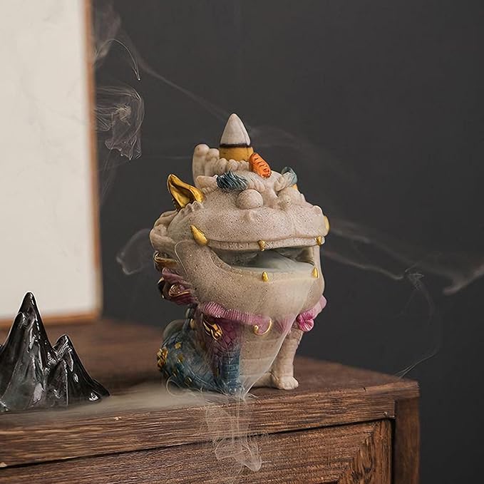 Backflow Incense Burner - Resin Tabletop Incense Holder for Cones, Fortune Dragon Statue Home Decor, Desktop Aromatherapy Ornament with Smoke Waterfall Effect for Living Room