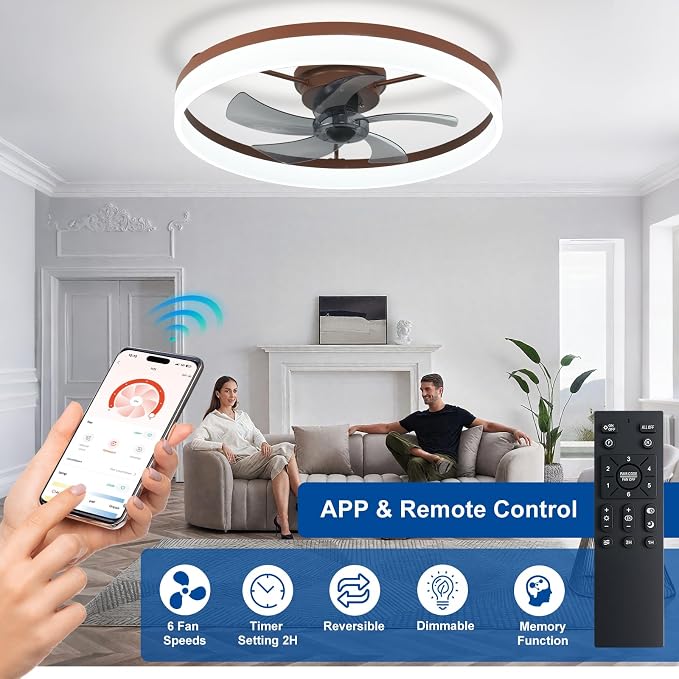 DLLT Bladeless Ceiling Fans with Lights: 24 Inch Modern Flush Mount Low Profile Ceiling Fan with APP Remote Control - Brown Enclosed LED Fandelier Dimmable Quiet DC Motor for Bedroom Living Room