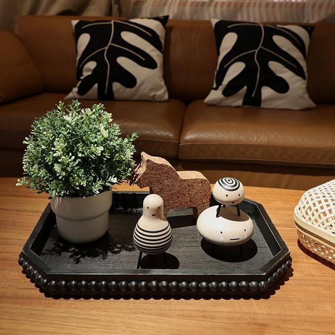 Hrastany Wood Rustic Serving Tray with Beads, Farmhouse Vintage Black Decorative Tray for Table Centerpiece, Christmas Wedding Halloween Home Decor