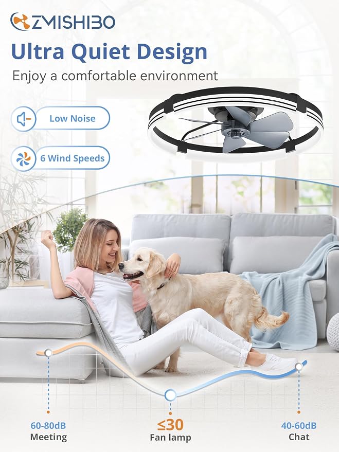 ZMISHIBO 24 Inch Low Profile Ceiling Fans with Lights and Remote, 3000K-6000K Dimmable Fandelier LED Fan Light, Flush Mount Ceiling Fan with Light, 6 Wind Speeds Ceiling Fans for Bedroom- Black