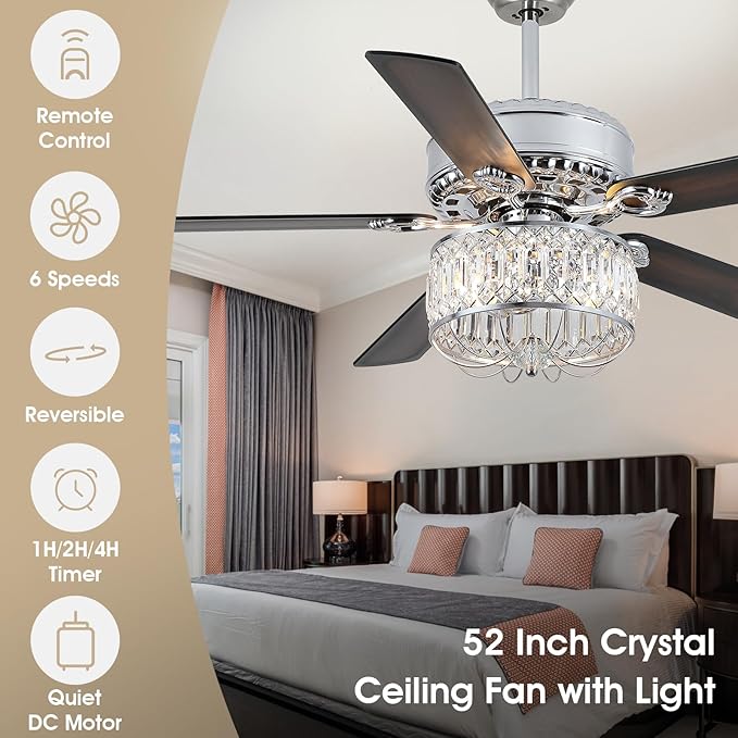 Kviflon Farmhouse Crystal Ceiling Fans with Lights and Remote, 52 Inch Chandelier Ceiling Fans, Chrome Fandelier Ceiling Fan for Bedroom Living Room, Quiet DC Motor, Reversible, Bulb not Included