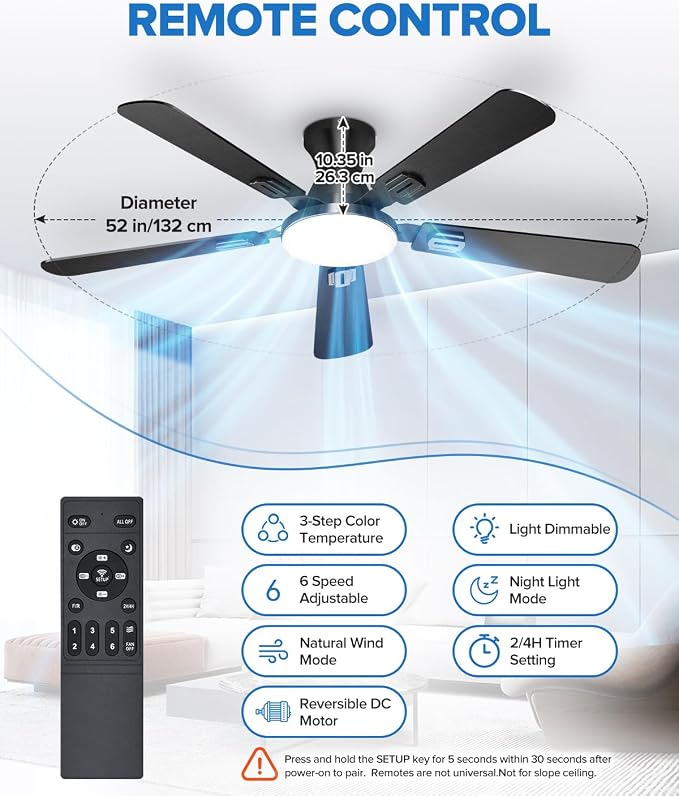 UME 52" Ceiling Fan with Lights & Remote, 6 Blades Low Profile Ceiling Fan, Quiet DC Motor, Natural Wind, 6 Speeds, 3CCT Dimmable 20W LED Modern Ceiling Fan for Bedroom, Living Room, Black
