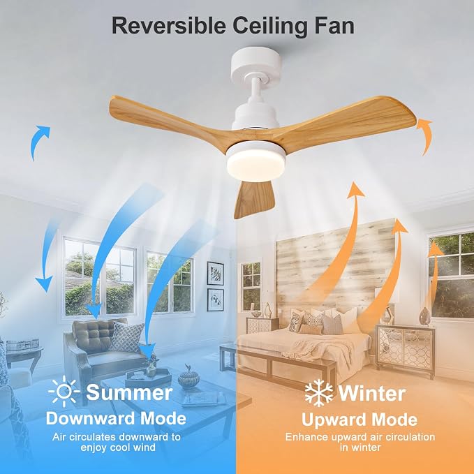 36 Inch Outdoor Ceiling Fans with Lights and Remote Control, Dimmable 3 Blades Wood Outdoor Ceiling Fans for Patios White Natural Wood Bedroom Ceiling Fan with Light, Wall Switch