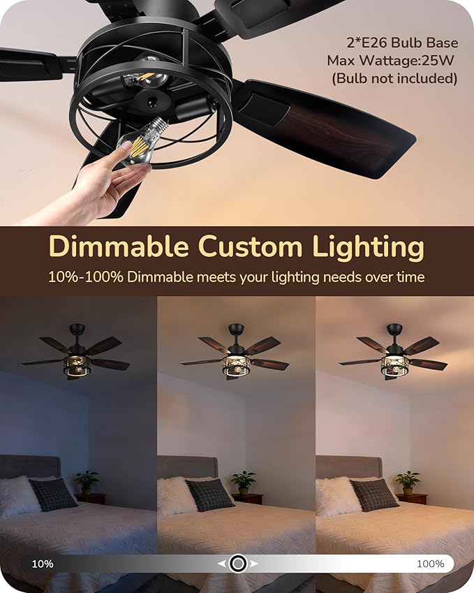 EDISHINE 42" Farmhouse Ceiling Fans with Lights and Remote, 10%-100% Dimmable, Reversible DC Motor, 6 Speed, 5 Wooden Blades, Timer, Rustic Caged Fandelier Ceiling Fan for Living Room, Bedroom