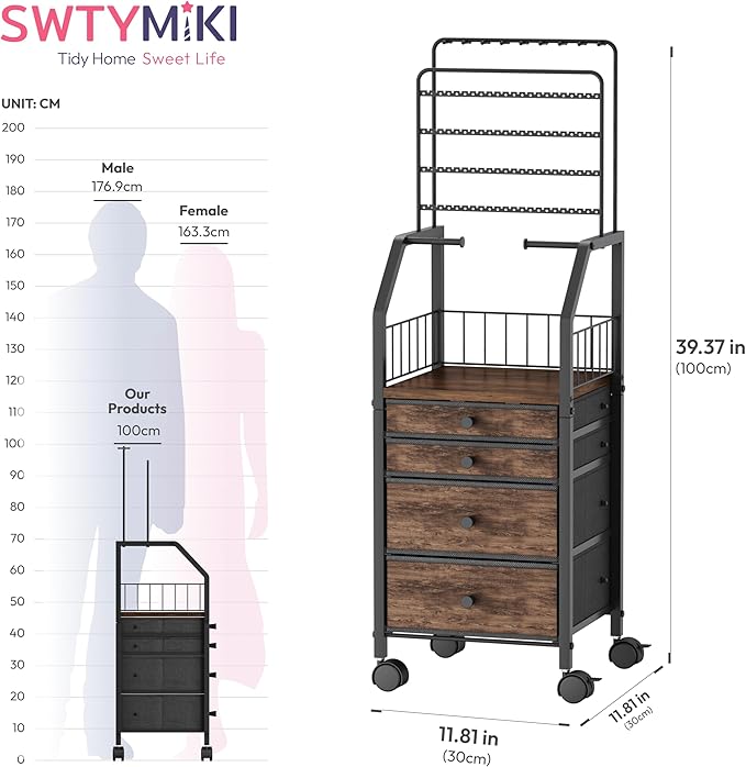 SWTYMIKI Jewelry Organizers and Storage- Multifunctional Stand Jewelry Organizer Cabinet for Necklace, Earring, Ring & Bracelet - Jewelry Box Necklace Holder with 4 Nonwoven Drawers & Wheel Espresso