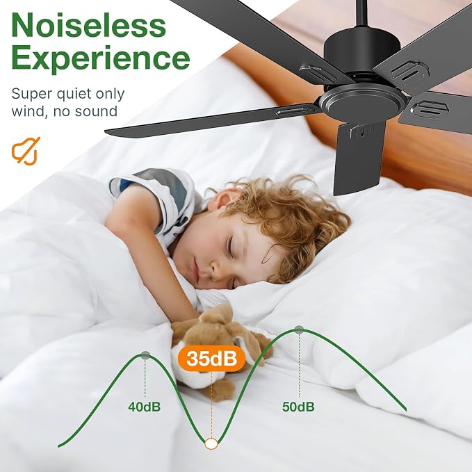 Obabala Black Ceiling Fan No Light, 52 in Outdoor Flush Mount Ceiling Fans with Remote Control without Light, 5 Blades, 6 Speed Reversible DC Motor Modern for Patios, Garage, Bedroom, Porch