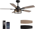 52-Inch Retro Black Downrod Curved Tube Ring-Style Iron Cage Ceiling Fan with Light Industrial Energy-Saving Quiet Strong Airflow for Living Room Bedroom