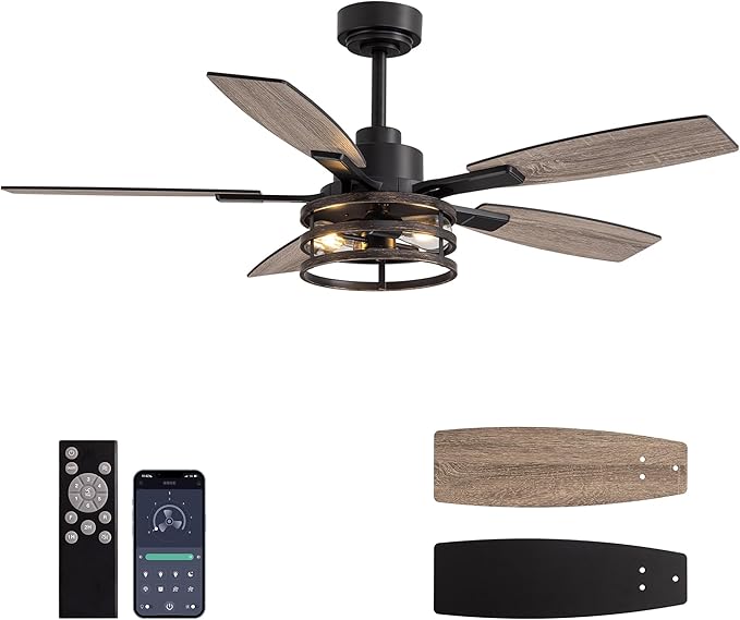52-Inch Retro Black Downrod Curved Tube Ring-Style Iron Cage Ceiling Fan with Light Industrial Energy-Saving Quiet Strong Airflow for Living Room Bedroom